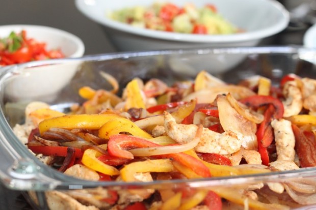 Seasoned chicken with red and yellow peppers!
