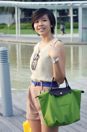 Mellow summer hues paired with a flash of electric blue and my lime green Longchamp.
